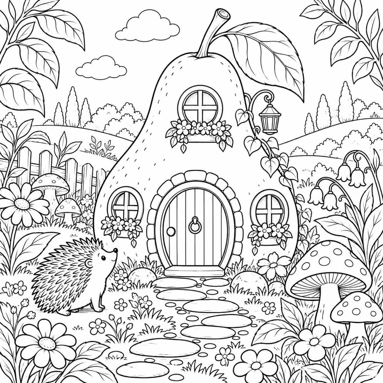 Magisches Birnenhaus im Garten Ausmalbild