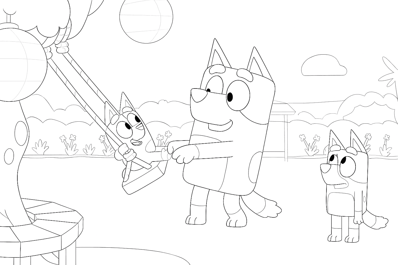 Bluey und Bingo auf der Schaukel Ausmalbild
