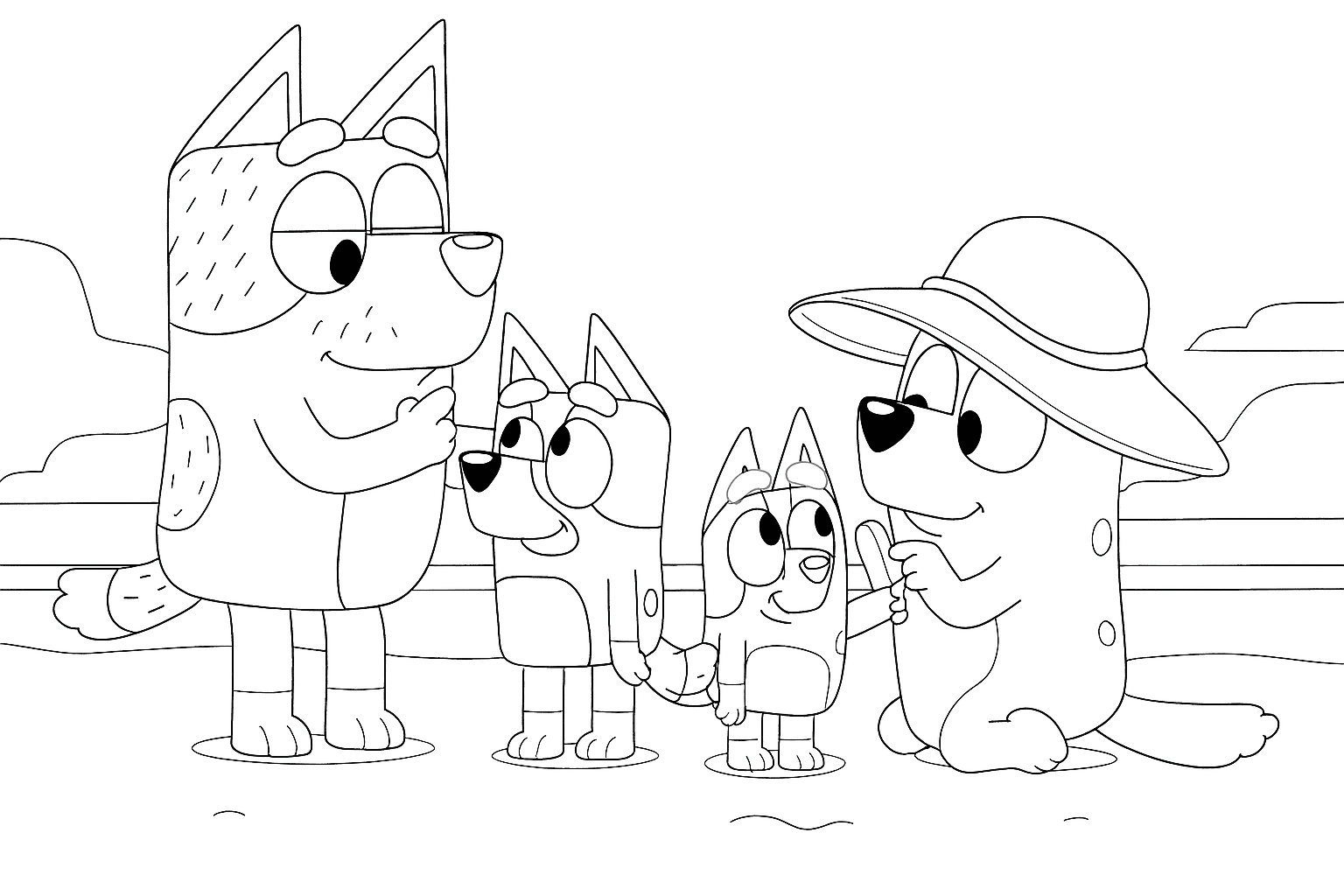 Bluey und Familie am Strand Ausmalbild