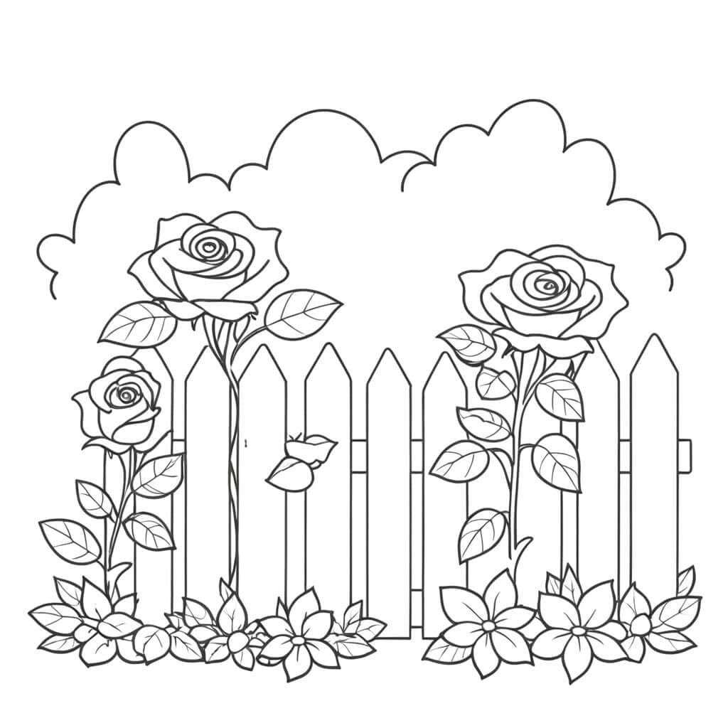 Rosen am Zaun Ausmalbild