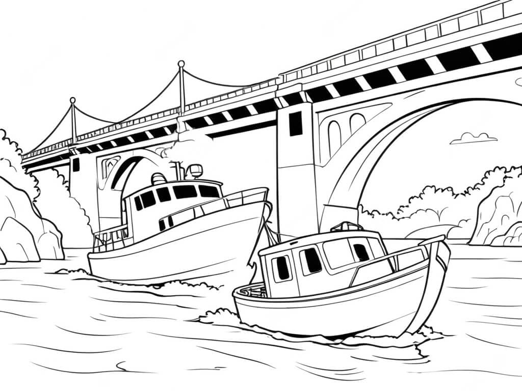 Boot fährt unter Brücke Ausmalbild