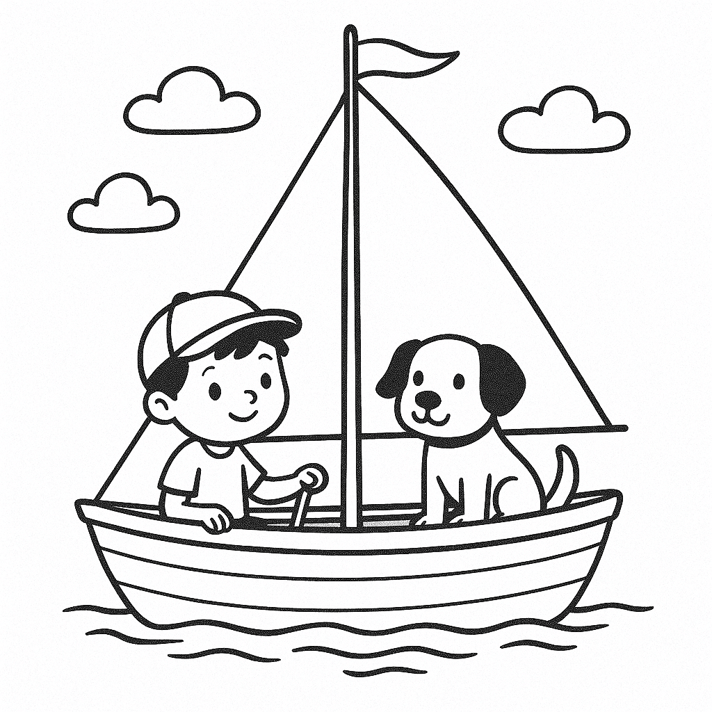 Boot mit Kind und Hund Ausmalbild