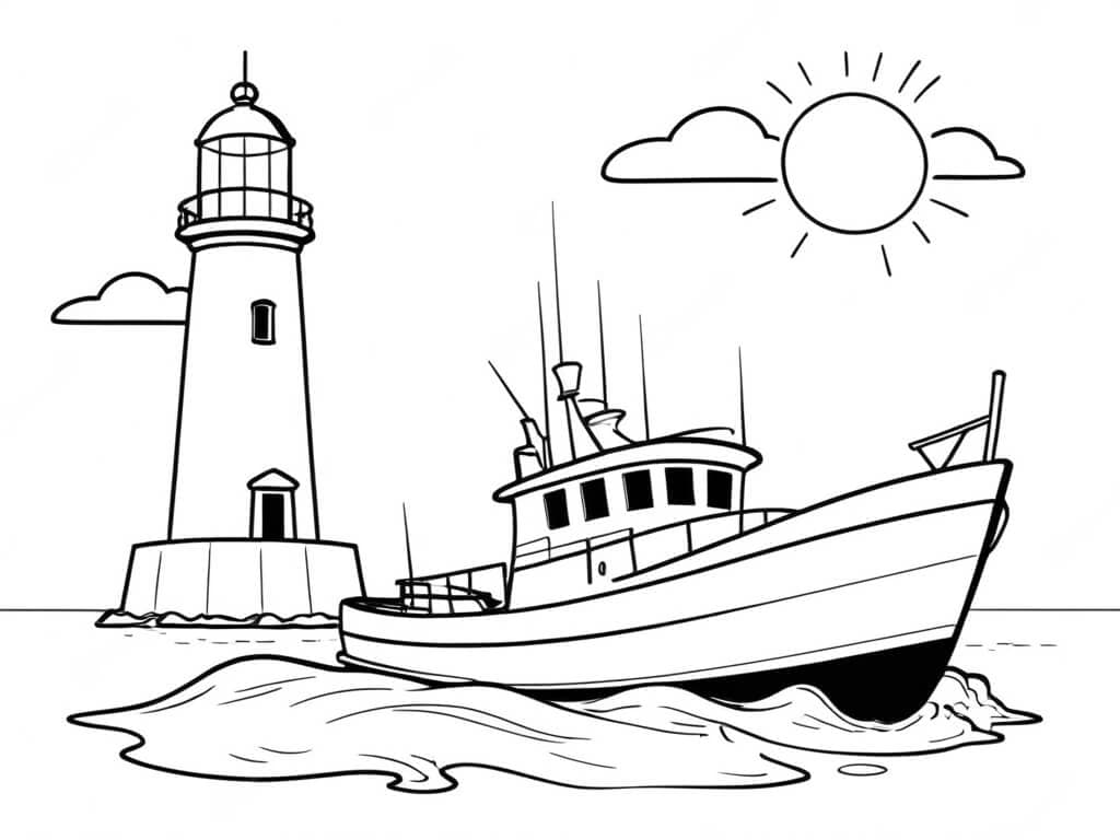 Boot und Leuchtturm Ausmalbild