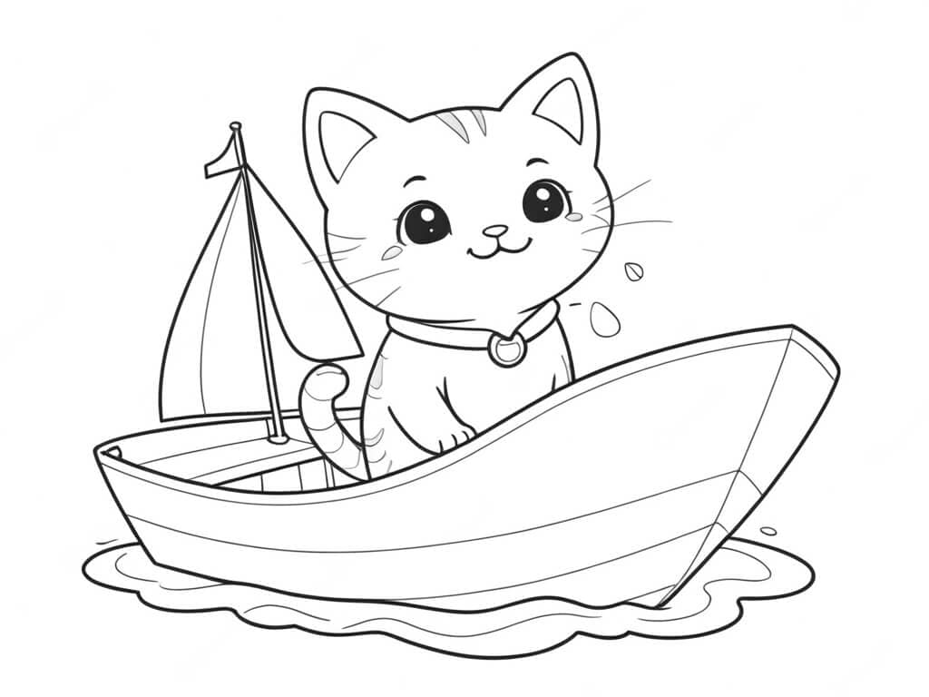 Kätzchen fährt Boot Ausmalbild