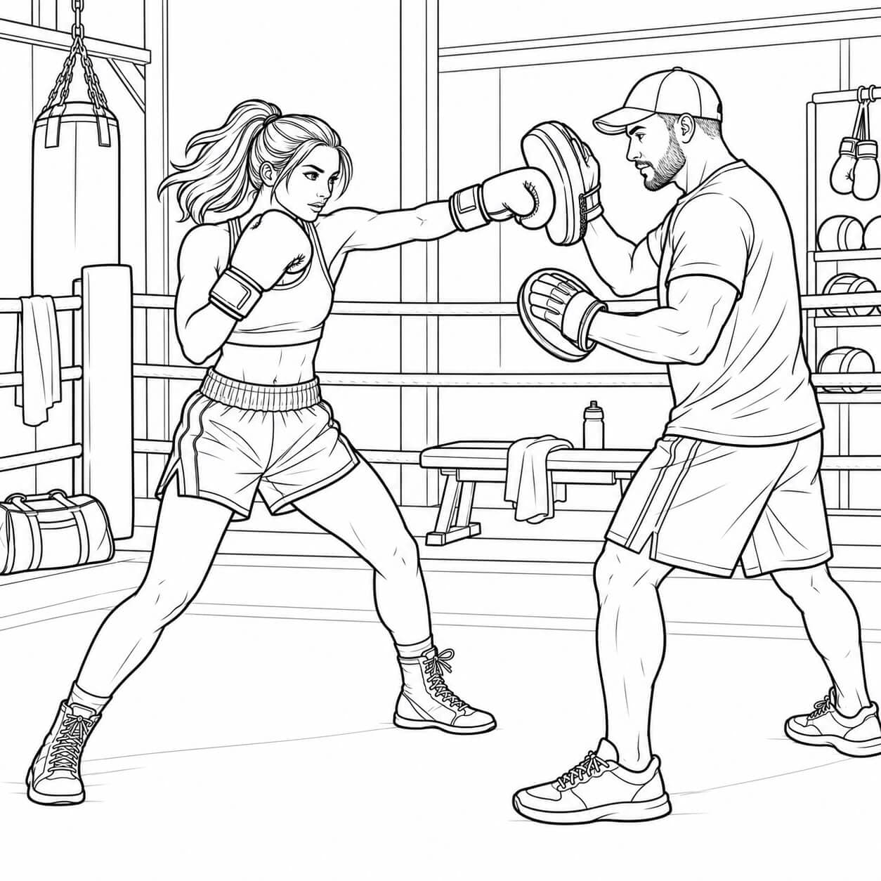 Boxerin beim Pratzentraining Ausmalbild