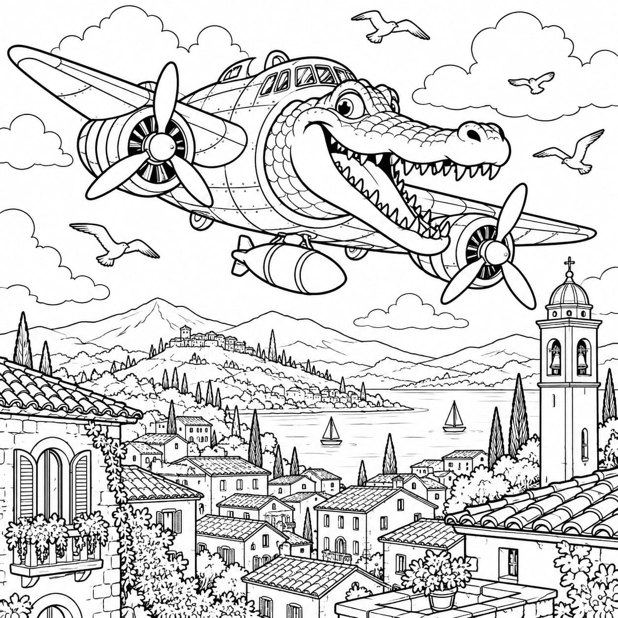 Bombardiro Crocodilo über der Stadt Ausmalbild