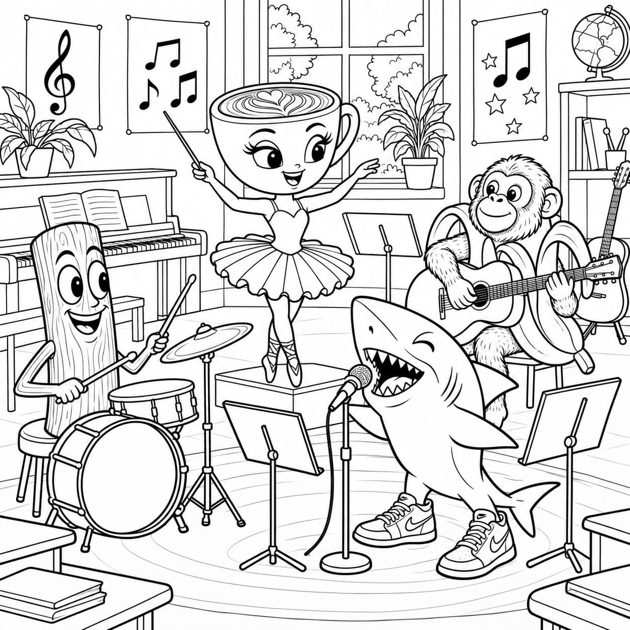Brainrot Figuren in der Musikschule Ausmalbild