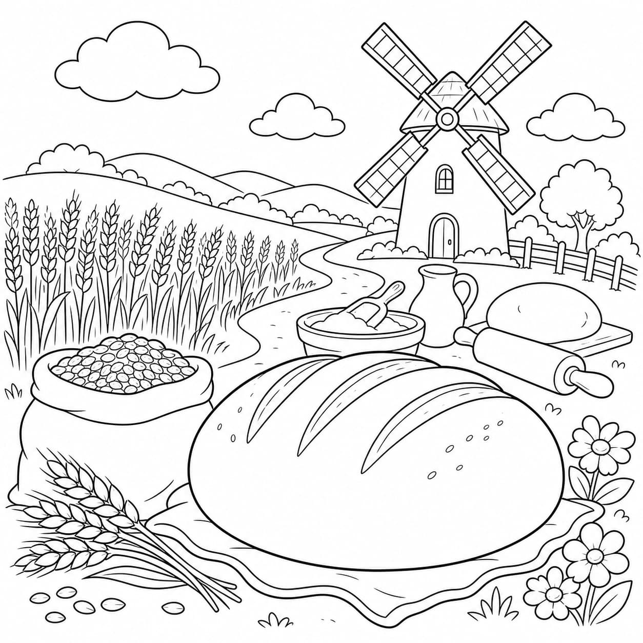 Brot mit Weizen und Windmühle Ausmalbild