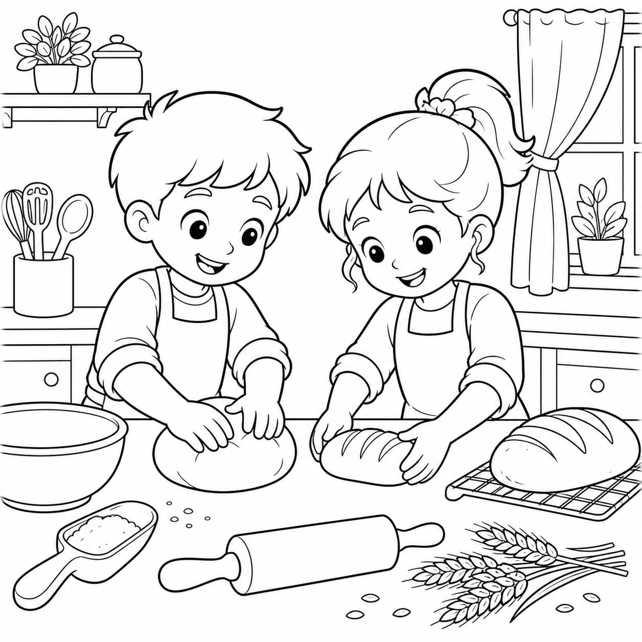 Kinder backen Brot Ausmalbild