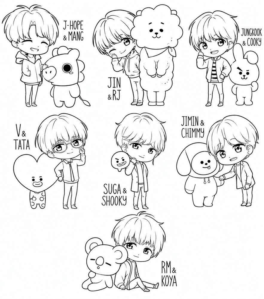 BTS mit BT21 Charakteren Ausmalbild
