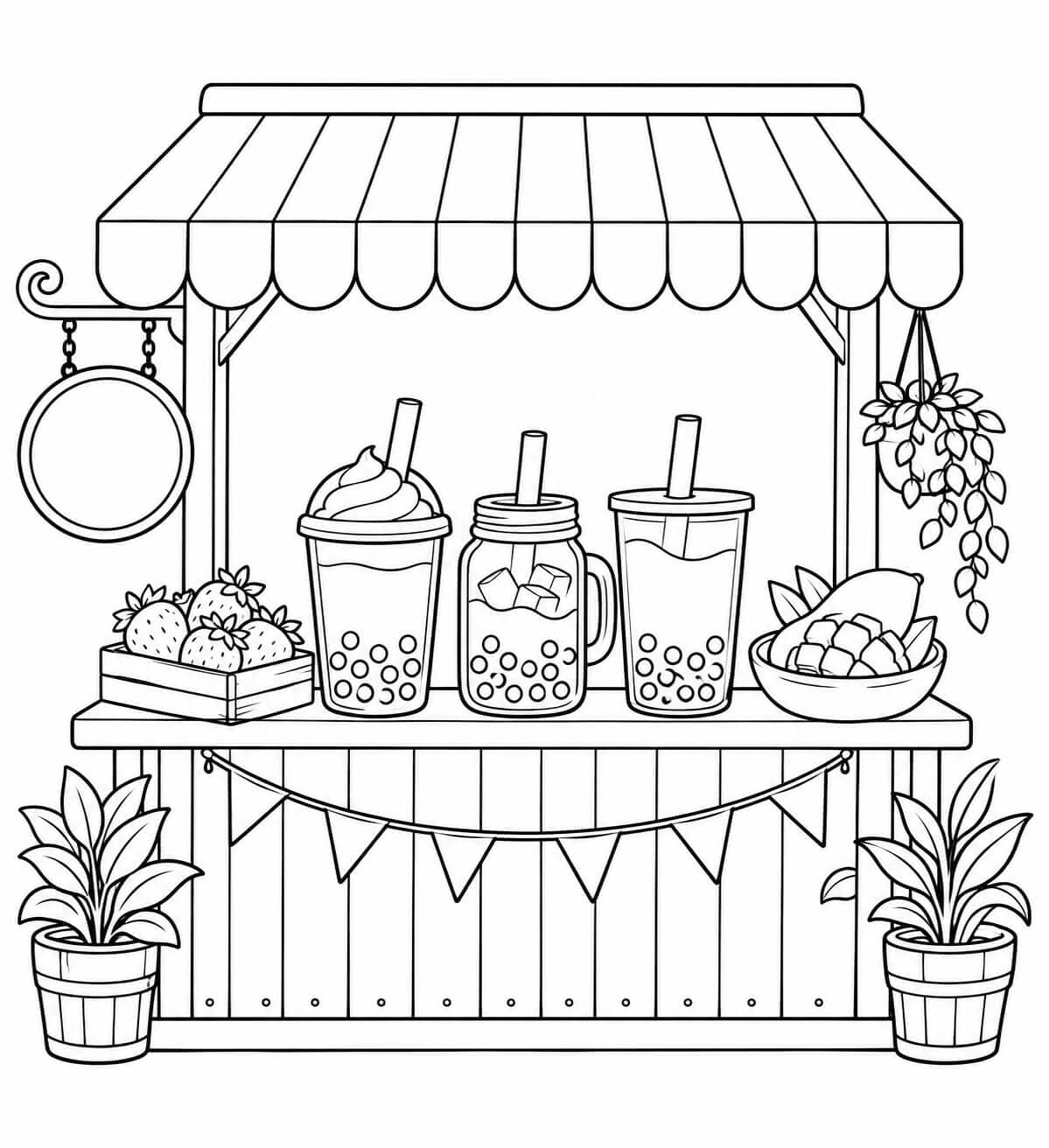 Bubble-Tea-Stand auf dem Markt – Malvorlage in Schwarz-Weiß