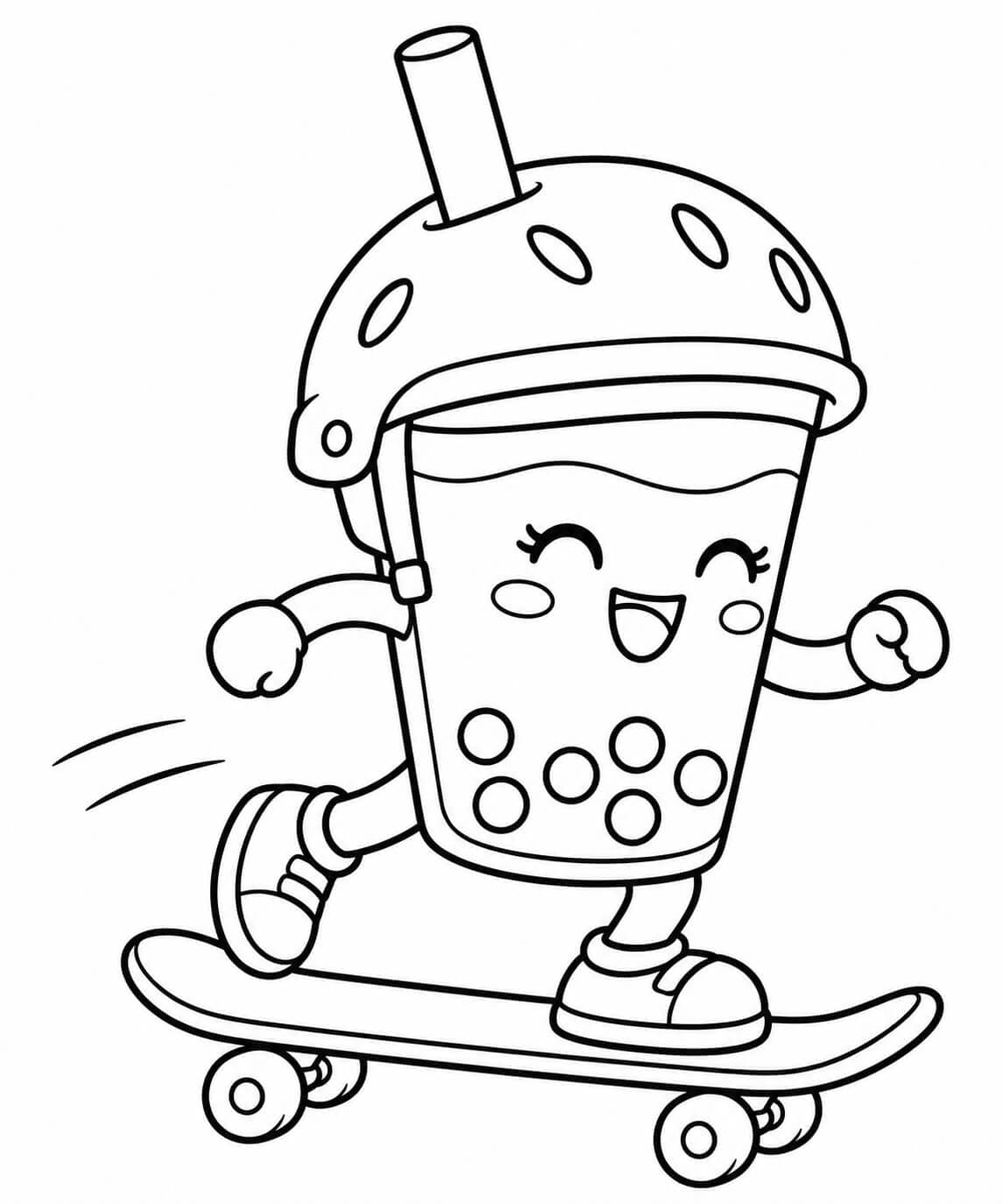 Bubble Tea auf dem Skateboard – einfache Malvorlage für Kinder
