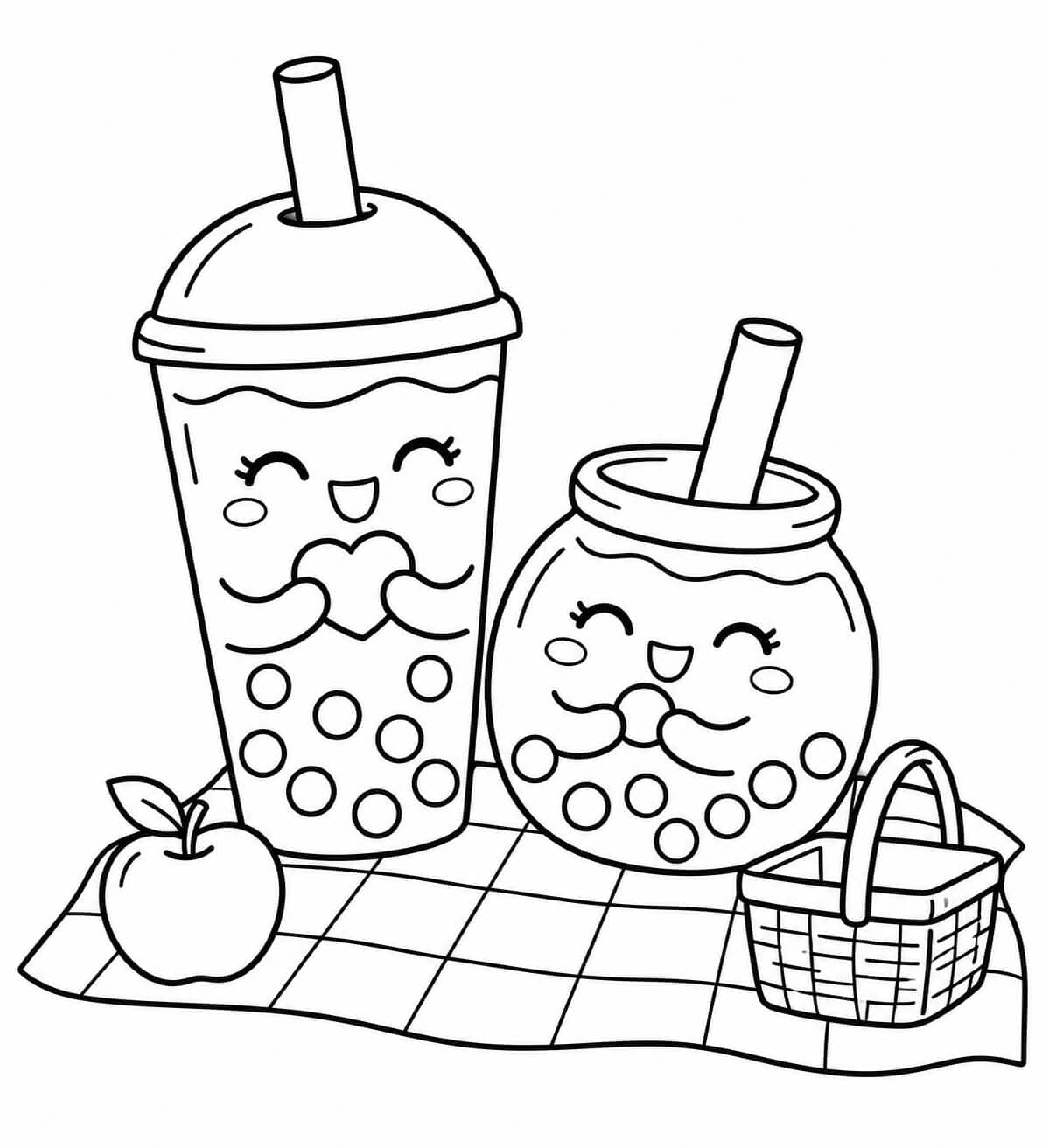 Zwei Bubble Teas beim Picknick – einfache Malvorlage für Kinder