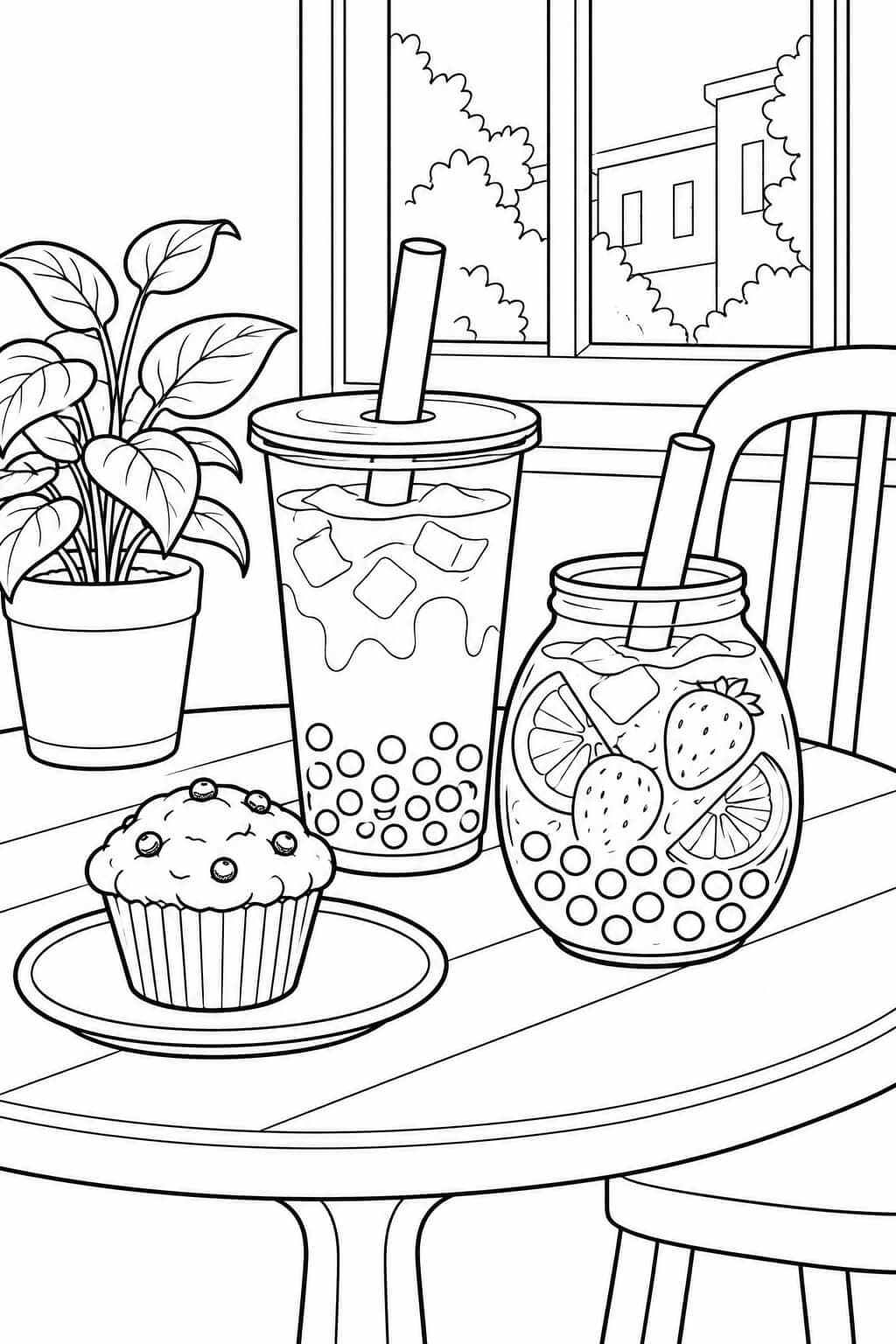 Bubble Tea im gemütlichen Café – Malvorlage in Schwarz-Weiß