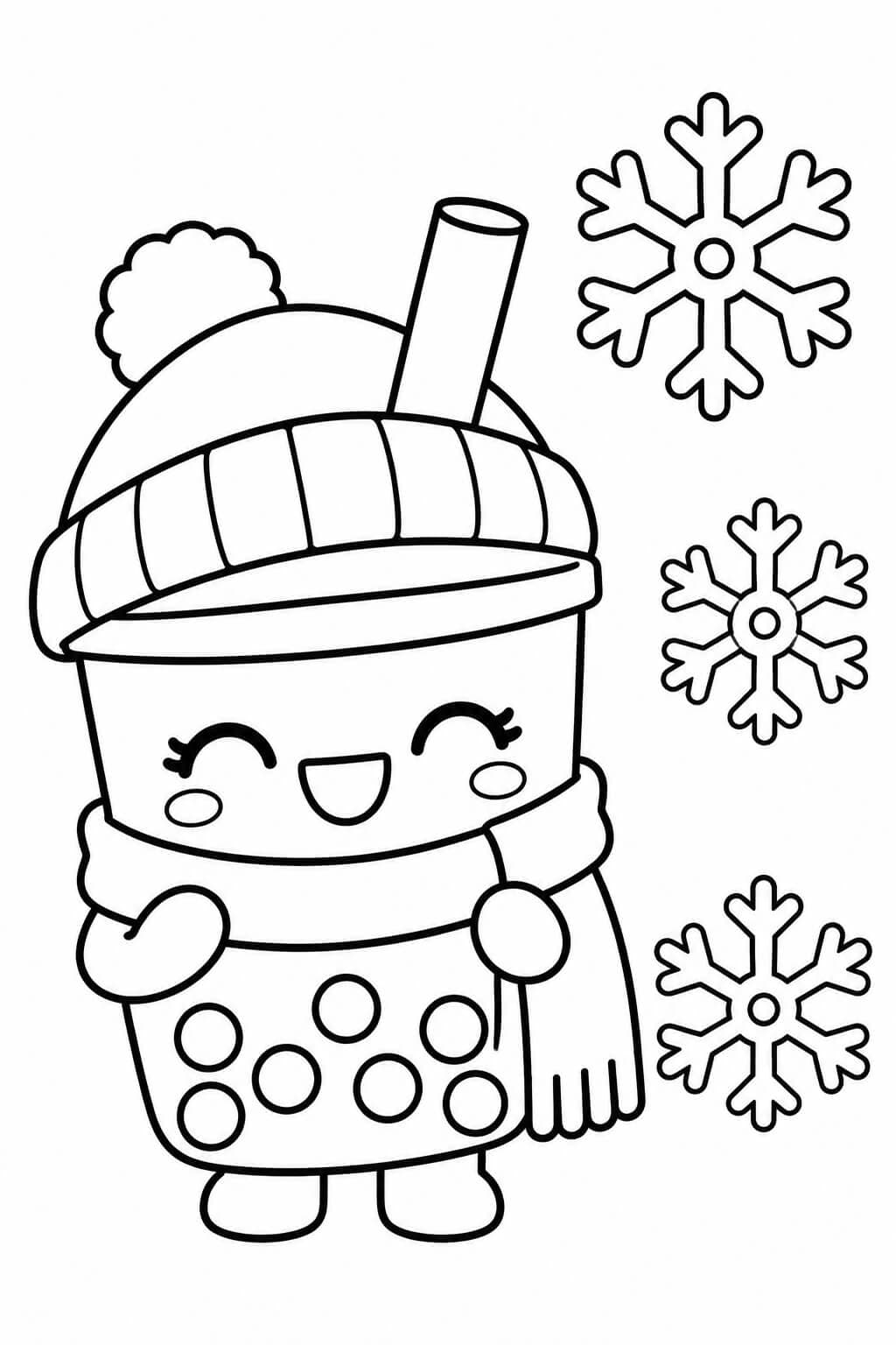 Bubble Tea mit Schal im Winter – einfache Malvorlage für Kinder