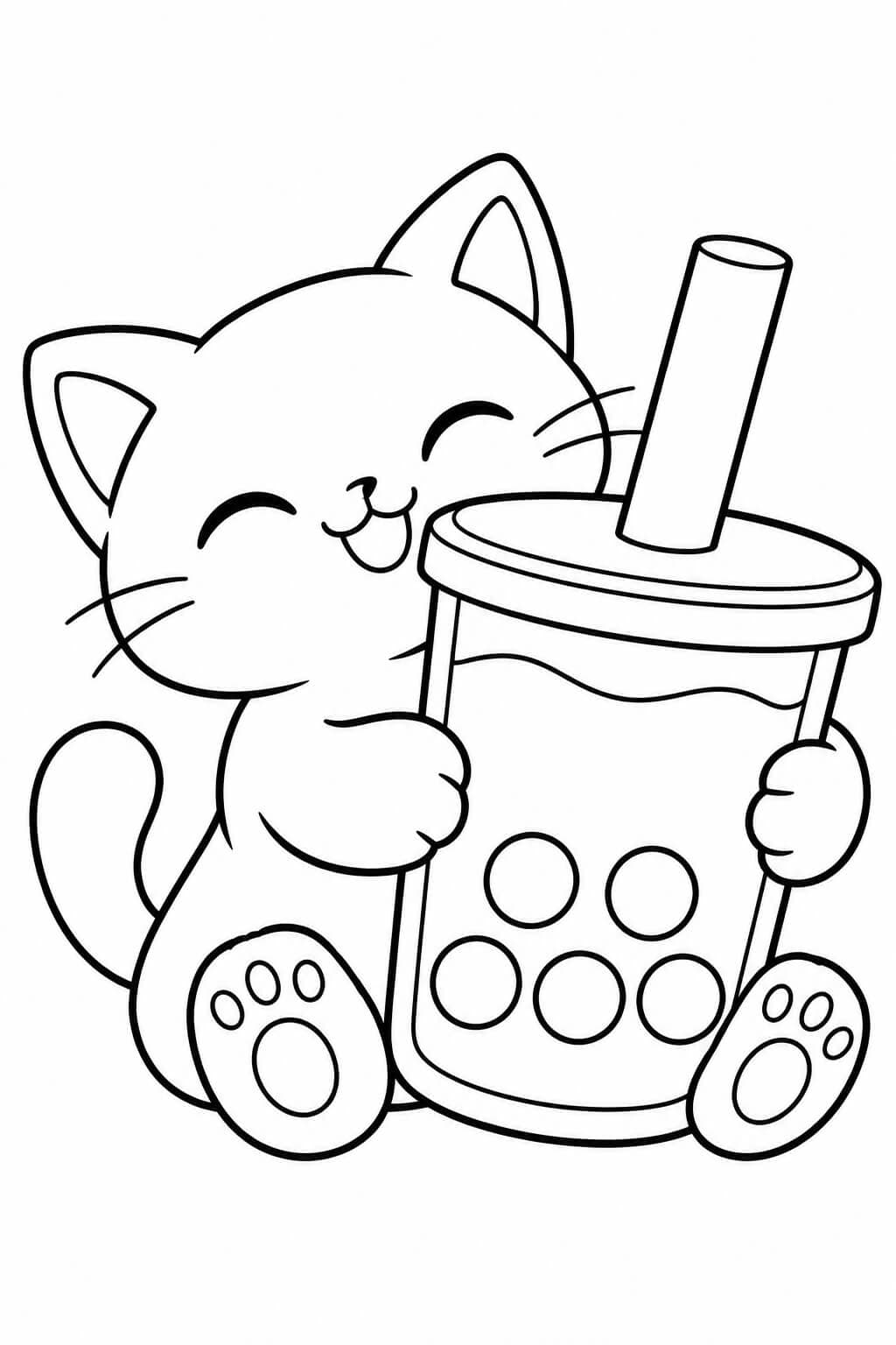 Katze mit Bubble Tea – einfache Malvorlage für Kinder