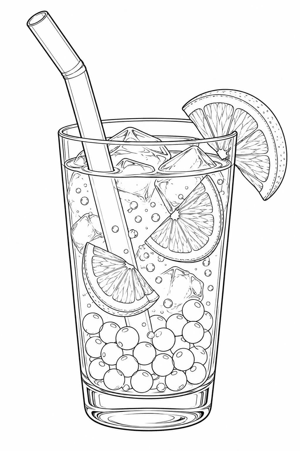 Realistischer Frucht-Bubble-Tea – Malvorlage in Schwarz-Weiß