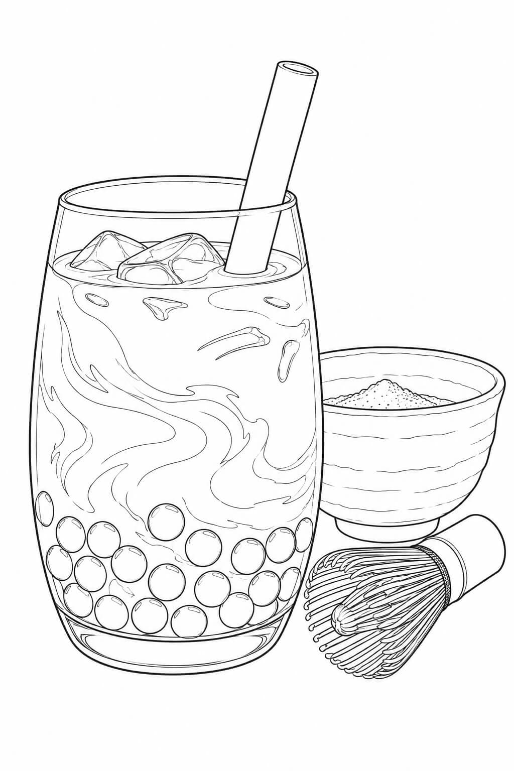Realistischer Matcha-Bubble-Tea – Malvorlage in Schwarz-Weiß