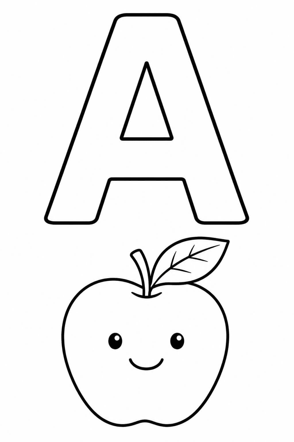 Großer umrandeter Buchstabe A mit Apfel als einfache Malvorlage für Kinder