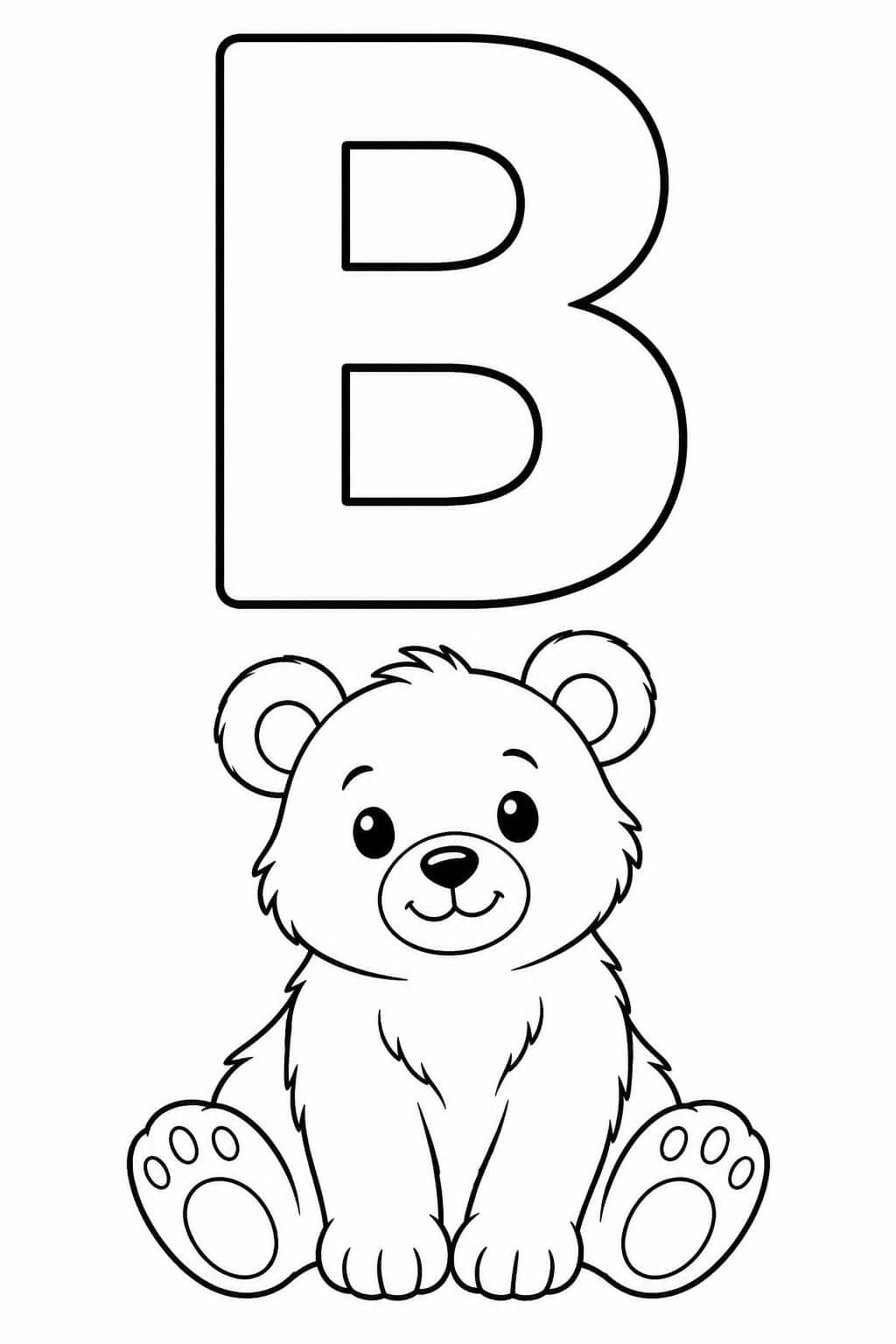 Großer umrandeter Buchstabe B mit Bär als einfache Malvorlage für Kinder