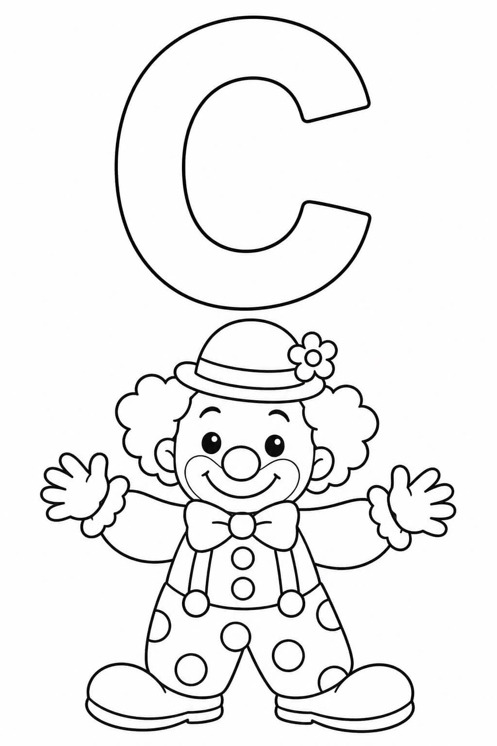 Großer umrandeter Buchstabe C mit Clown als einfache Malvorlage für Kinder