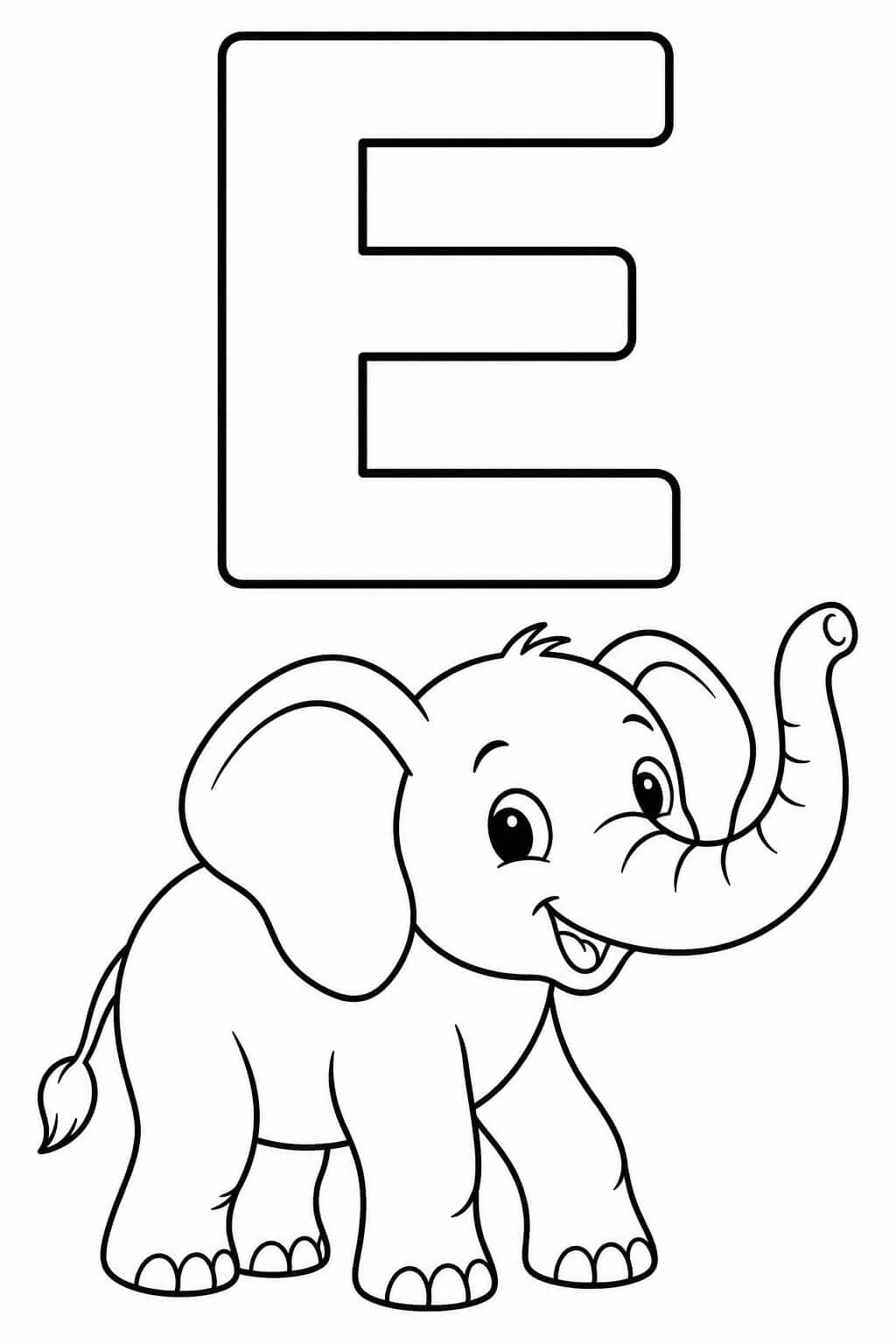 Großer umrandeter Buchstabe E mit Elefant als einfache Malvorlage für Kinder