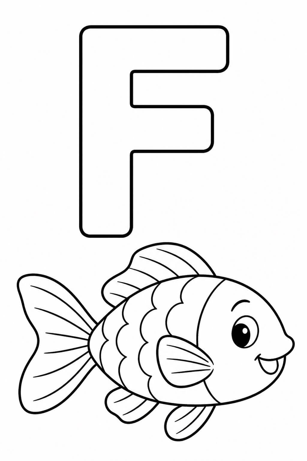 Großer umrandeter Buchstabe F mit Fisch als einfache Malvorlage für Kinder