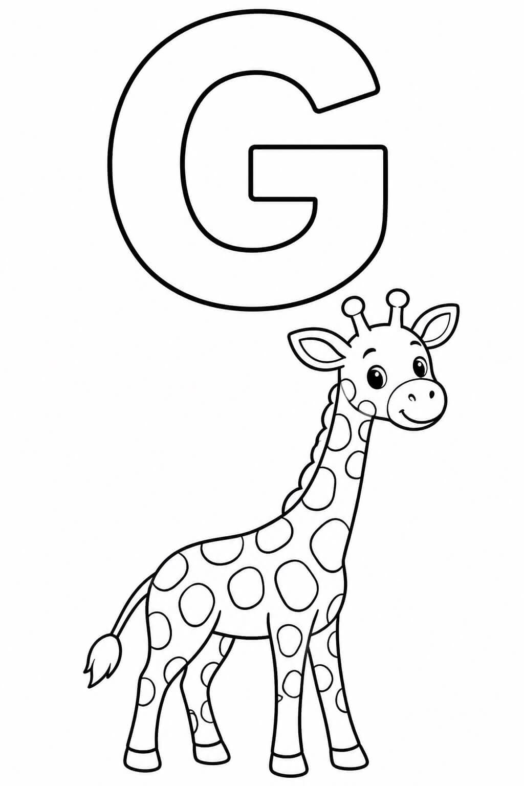 Großer umrandeter Buchstabe G mit Giraffe als einfache Malvorlage für Kinder