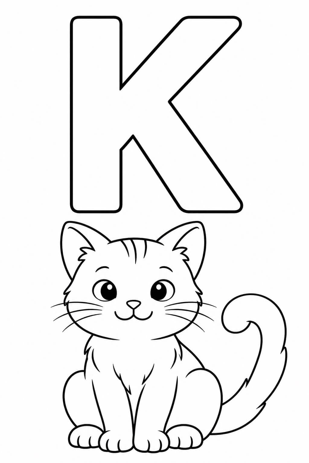 Großer umrandeter Buchstabe K mit Katze als einfache Malvorlage für Kinder