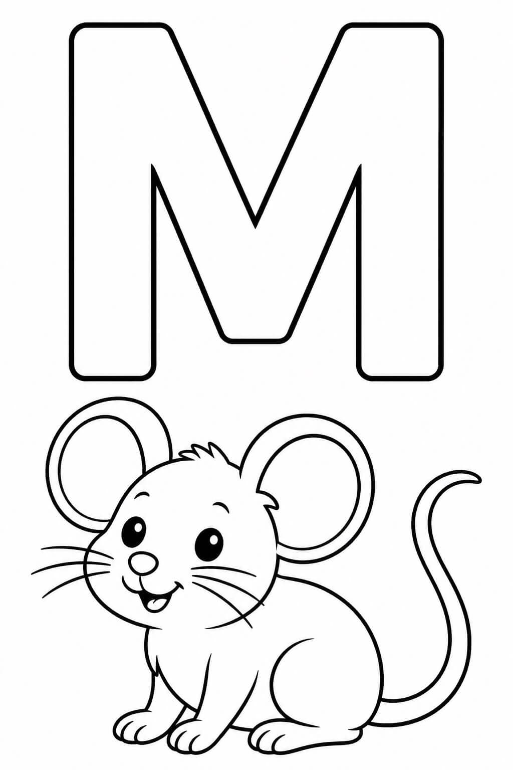 Großer umrandeter Buchstabe M mit Maus als einfache Malvorlage für Kinder