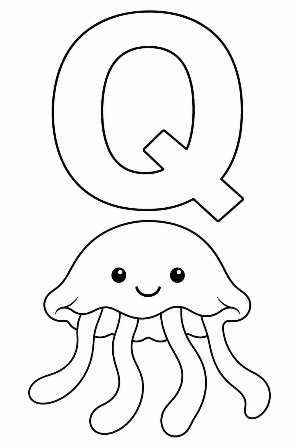 Großer umrandeter Buchstabe Q mit Qualle als einfache Malvorlage für Kinder