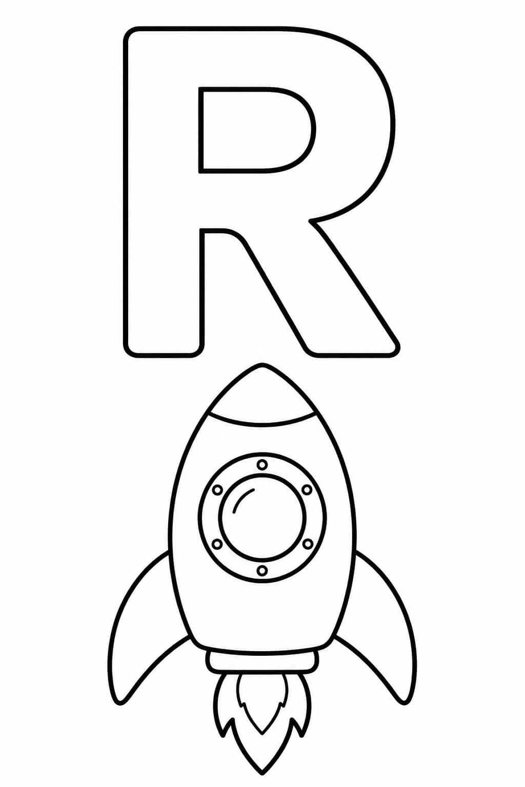 Großer umrandeter Buchstabe R mit Rakete als einfache Malvorlage für Kinder
