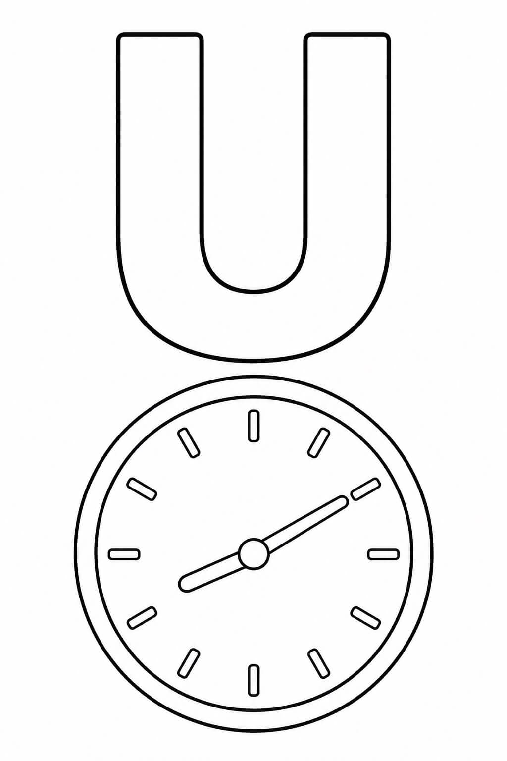 Großer umrandeter Buchstabe U mit Uhr als einfache Malvorlage für Kinder