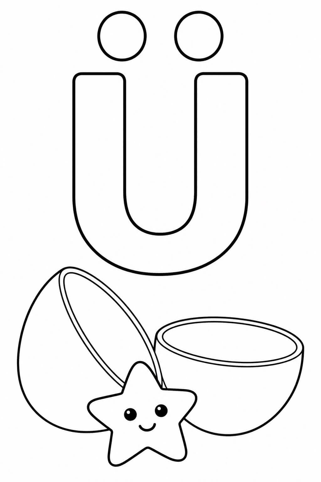 Großer umrandeter Buchstabe Ü mit Überraschungsei als einfache Malvorlage für Kinder