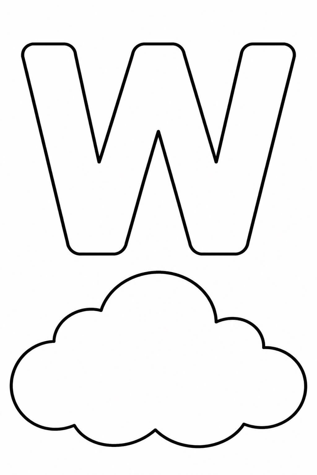 Großer umrandeter Buchstabe W mit Wolke als einfache Malvorlage für Kinder