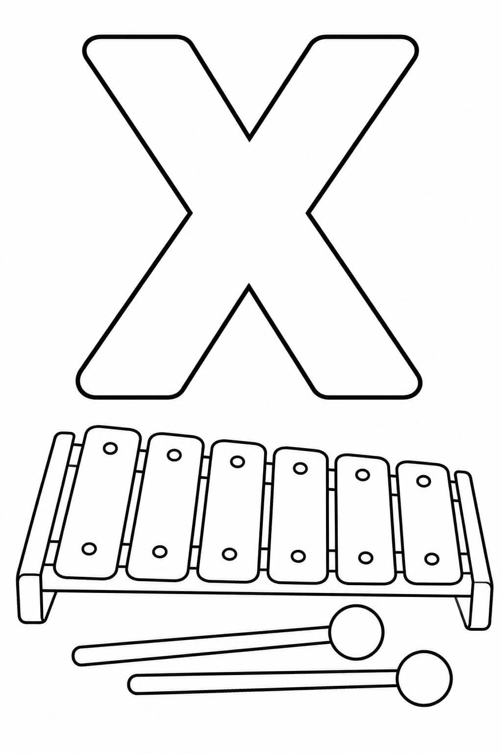 Großer umrandeter Buchstabe X mit Xylophon als einfache Malvorlage für Kinder