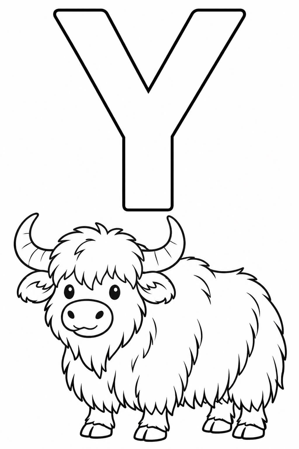 Großer umrandeter Buchstabe Y mit Yak als einfache Malvorlage für Kinder