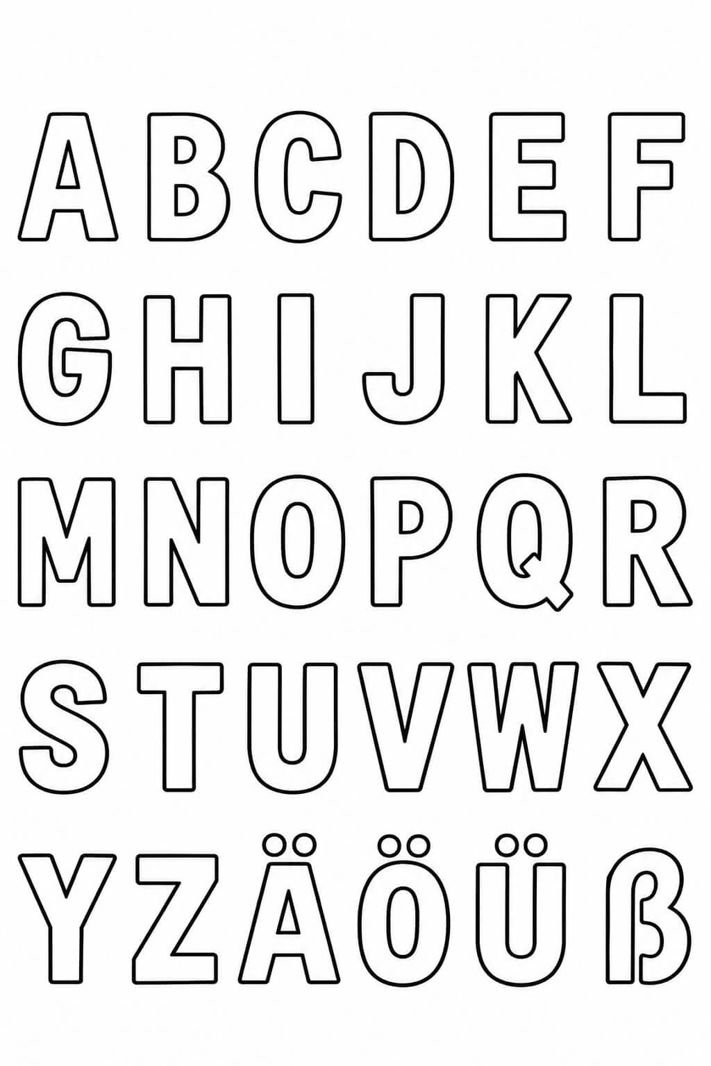 Alle Buchstaben A bis Z sowie Ä, Ö, Ü und ß als reine Buchstabenvorlage mit ausmalbaren Konturen