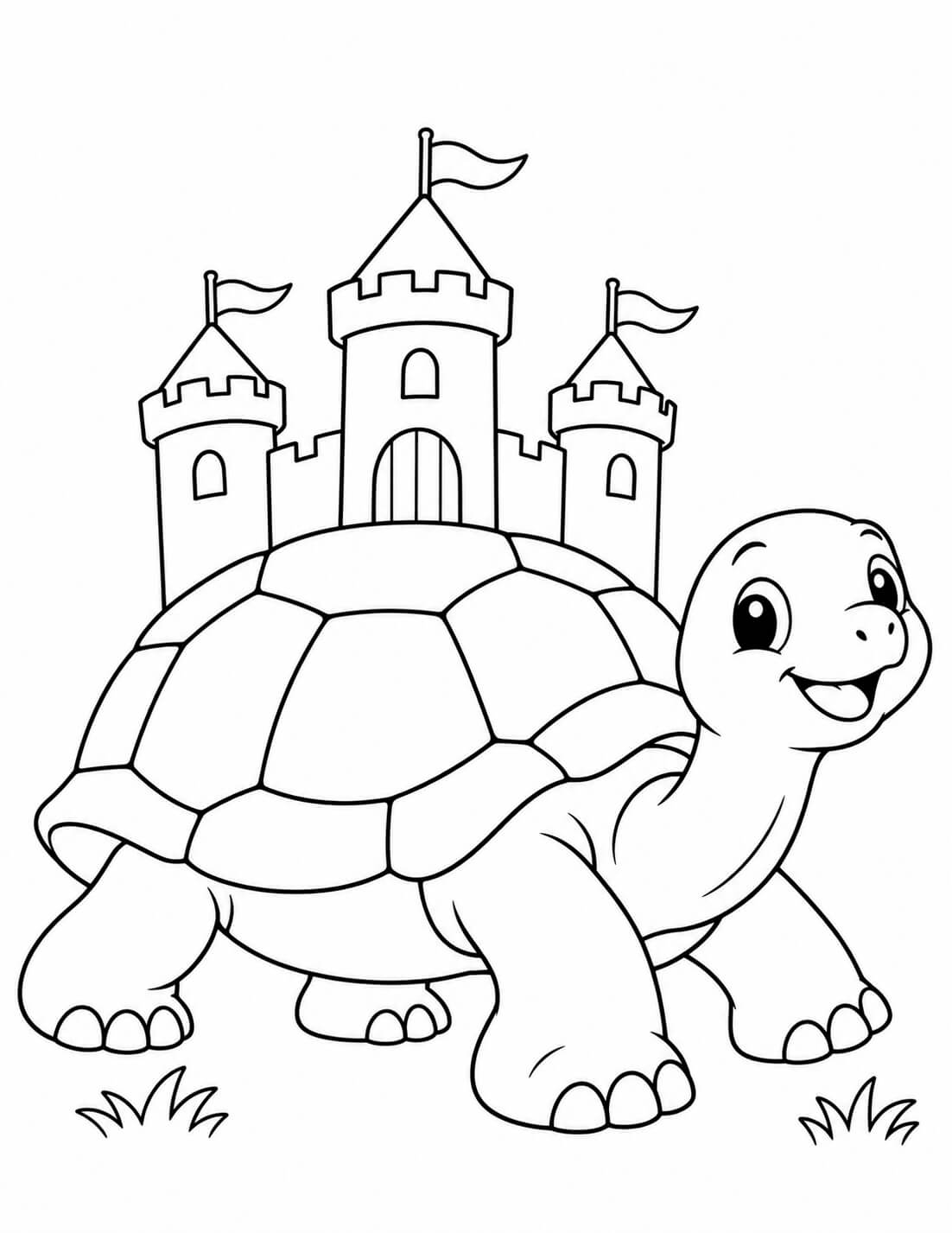 Eine Burg reist auf einer Schildkröte – einfache Malvorlage für Kinder