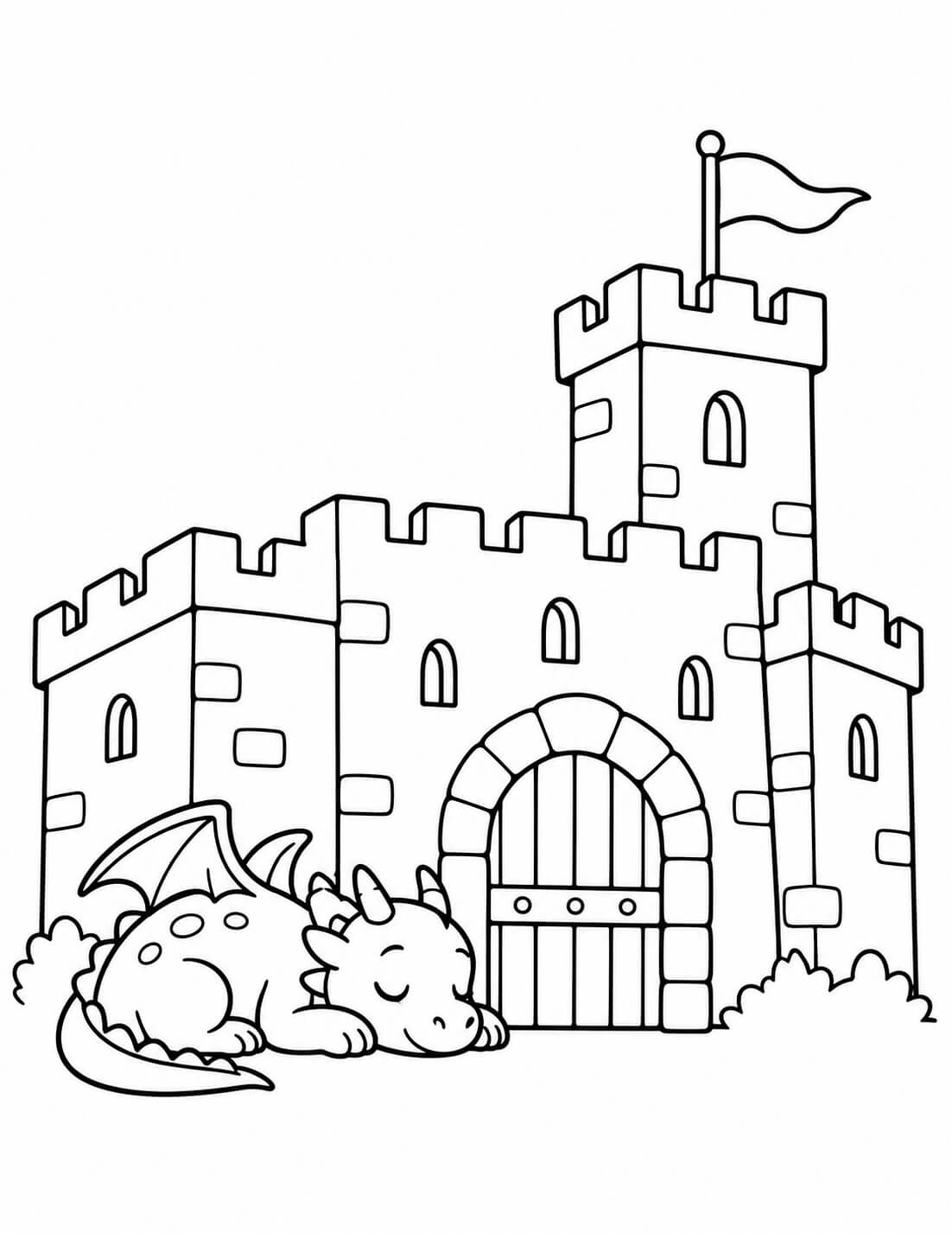 Ein Drache schläft an der Burg – einfache Malvorlage für Kinder