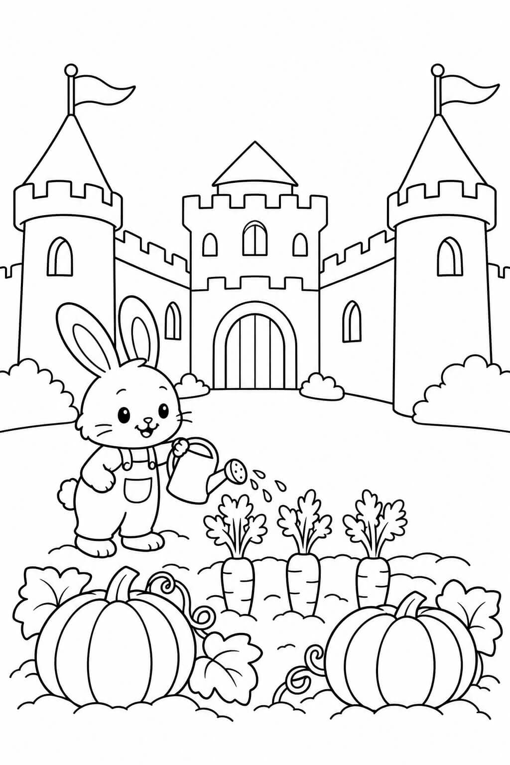 Gemüsegarten im Burghof – einfache Malvorlage für Kinder