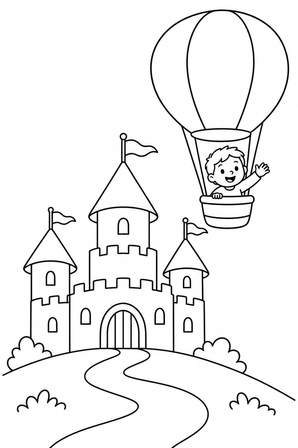Ein Heißluftballon über der Burg – einfache Malvorlage für Kinder
