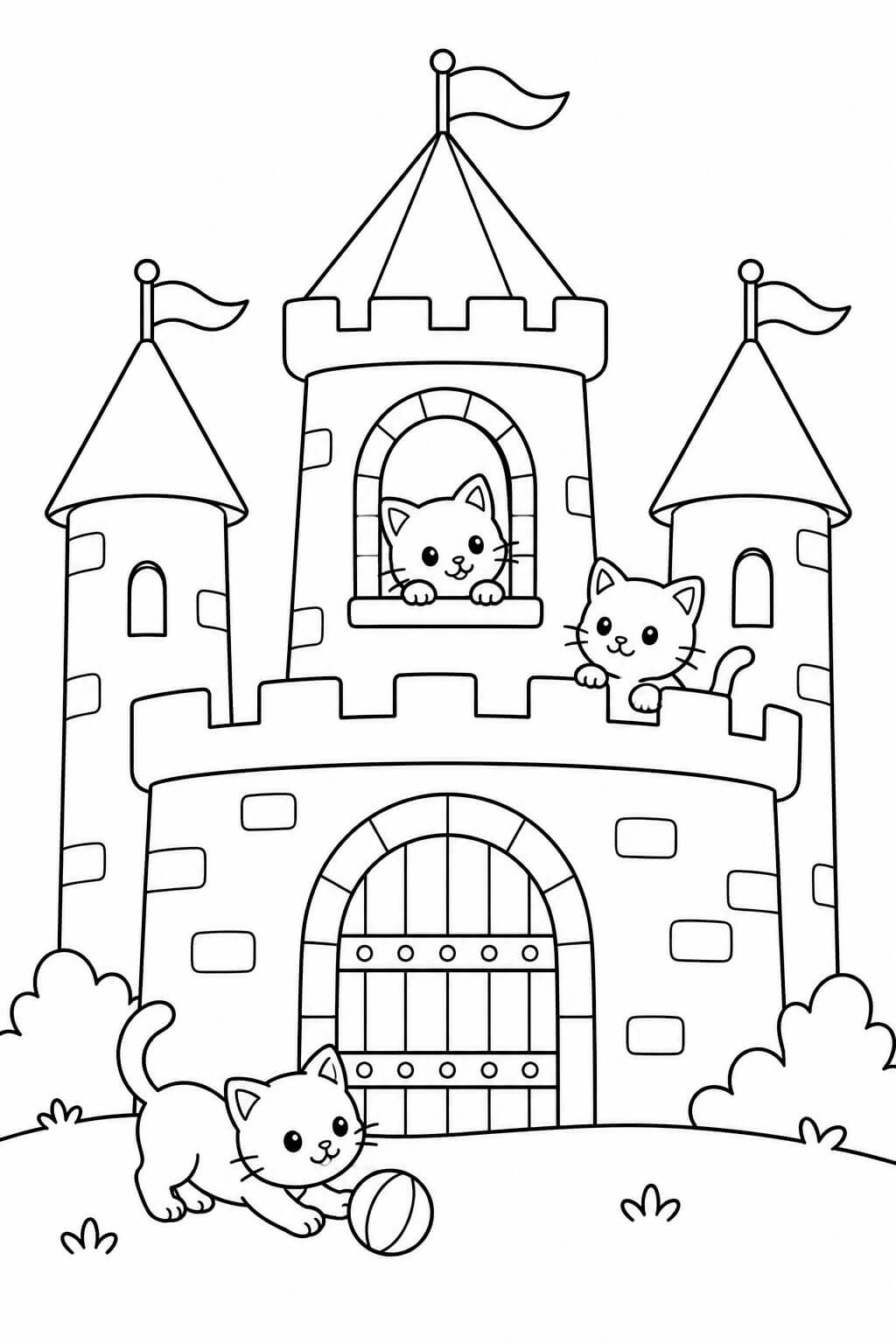 Katzen spielen auf der Burg – einfache Malvorlage für Kinder
