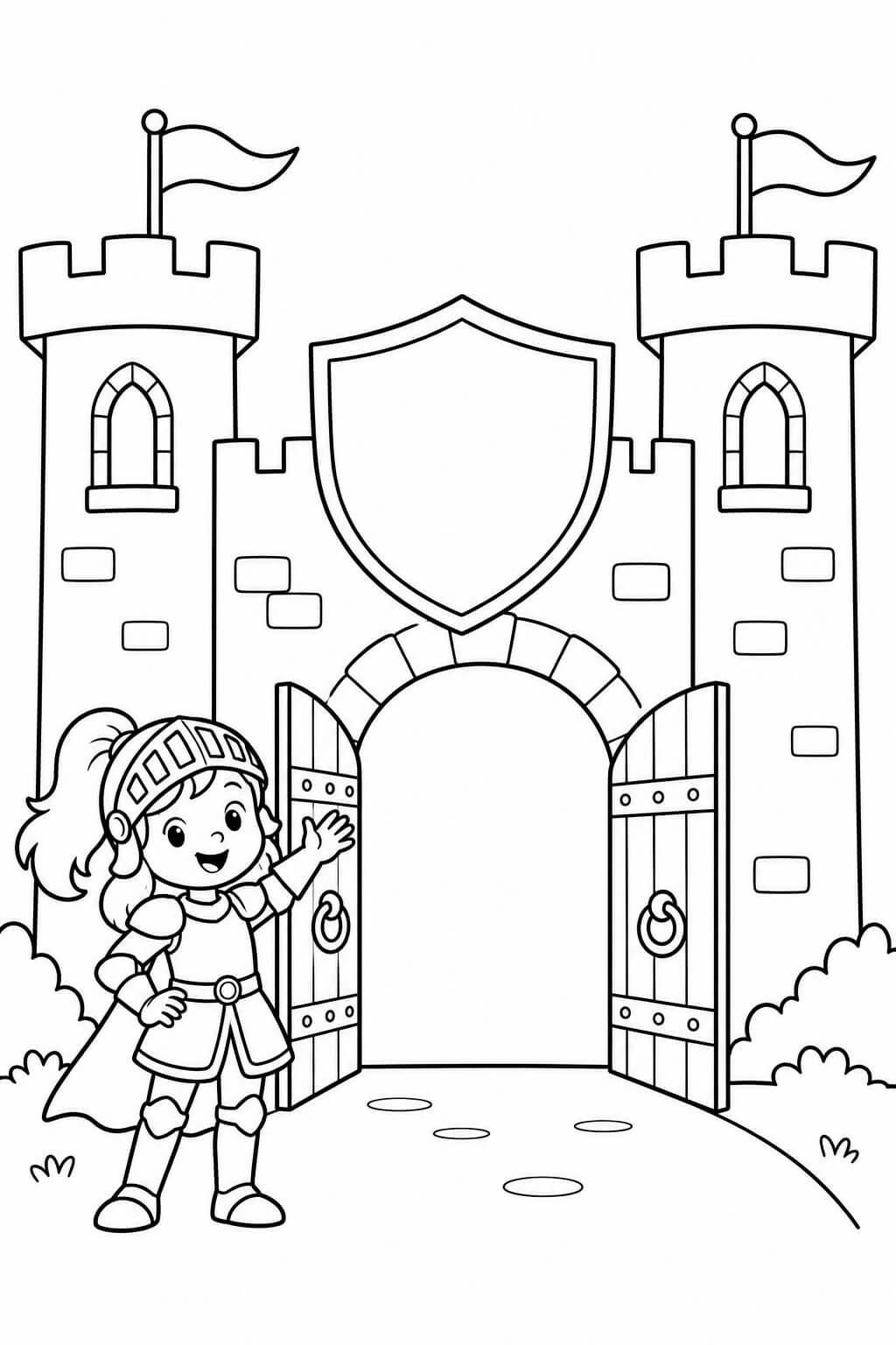 Eine Ritterin begrüßt dich am Burgtor – einfache Malvorlage für Kinder