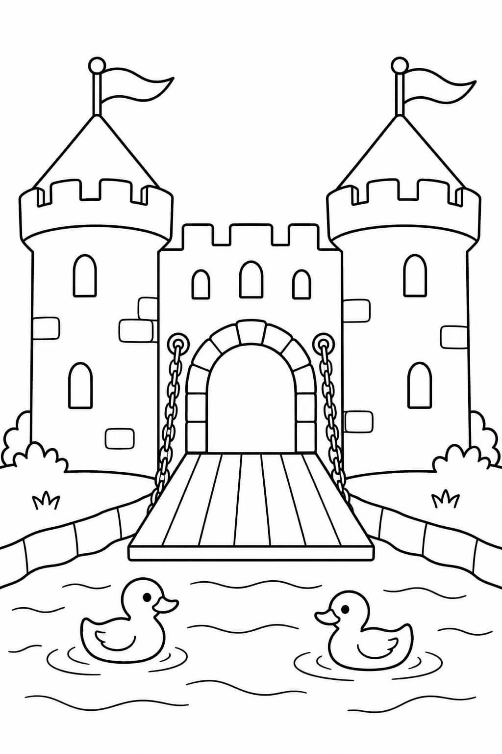 Burg mit Zugbrücke und Enten – einfache Malvorlage für Kinder