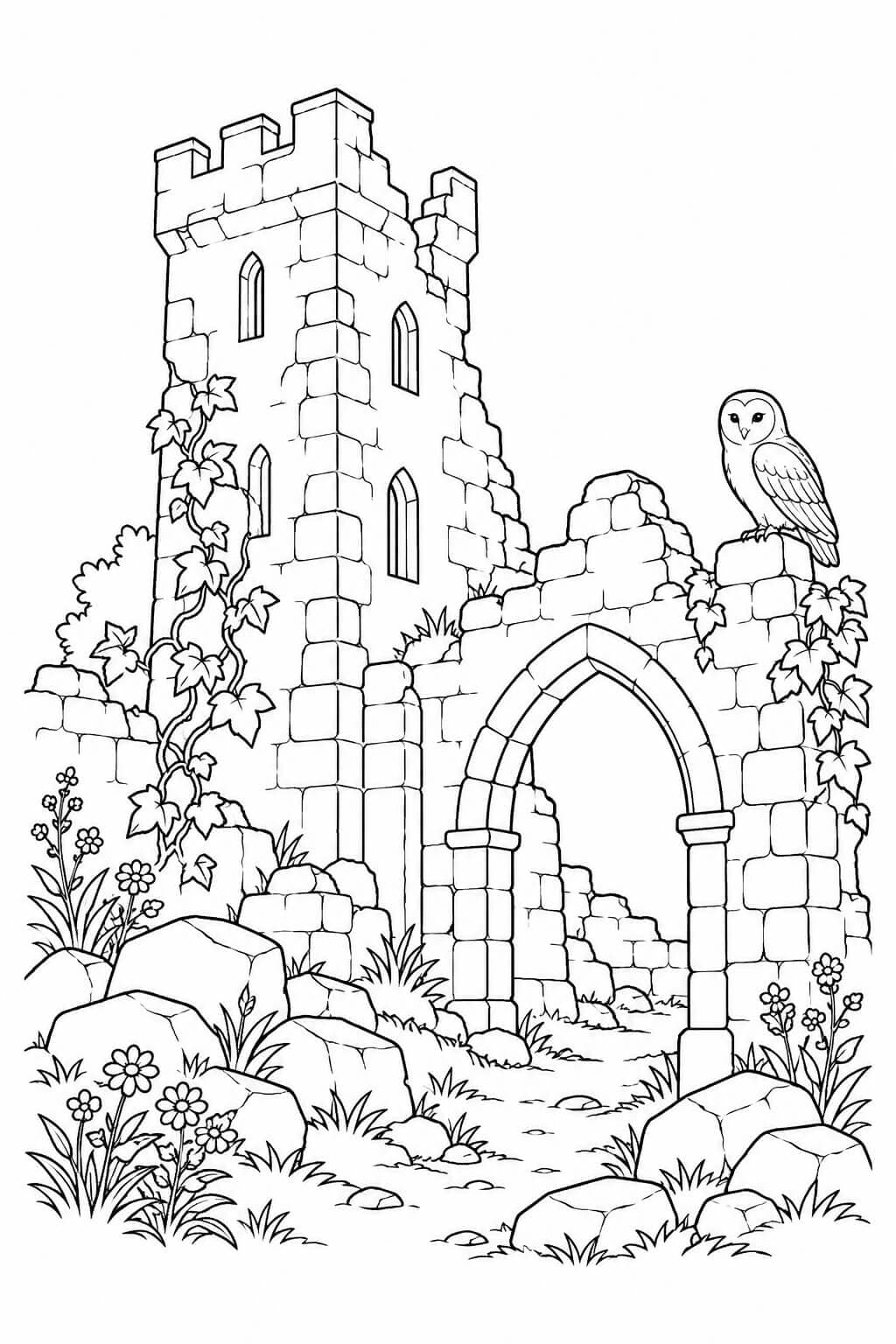 Eine Eule in der Burgruine – Malvorlage in Schwarz-Weiß