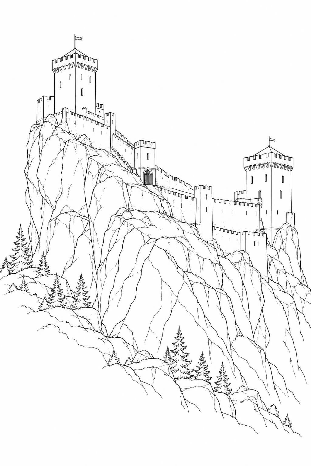 Realistische Felsburg im Gebirge – Malvorlage in Schwarz-Weiß