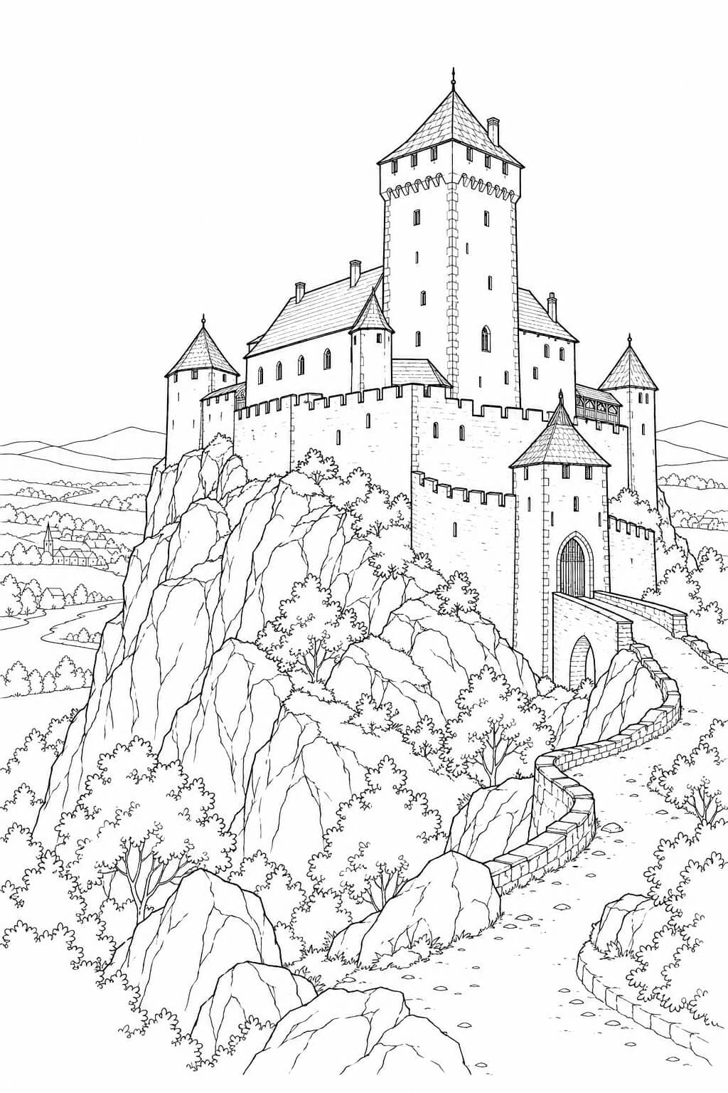 Realistische Höhenburg auf einem Felsen – Malvorlage in Schwarz-Weiß