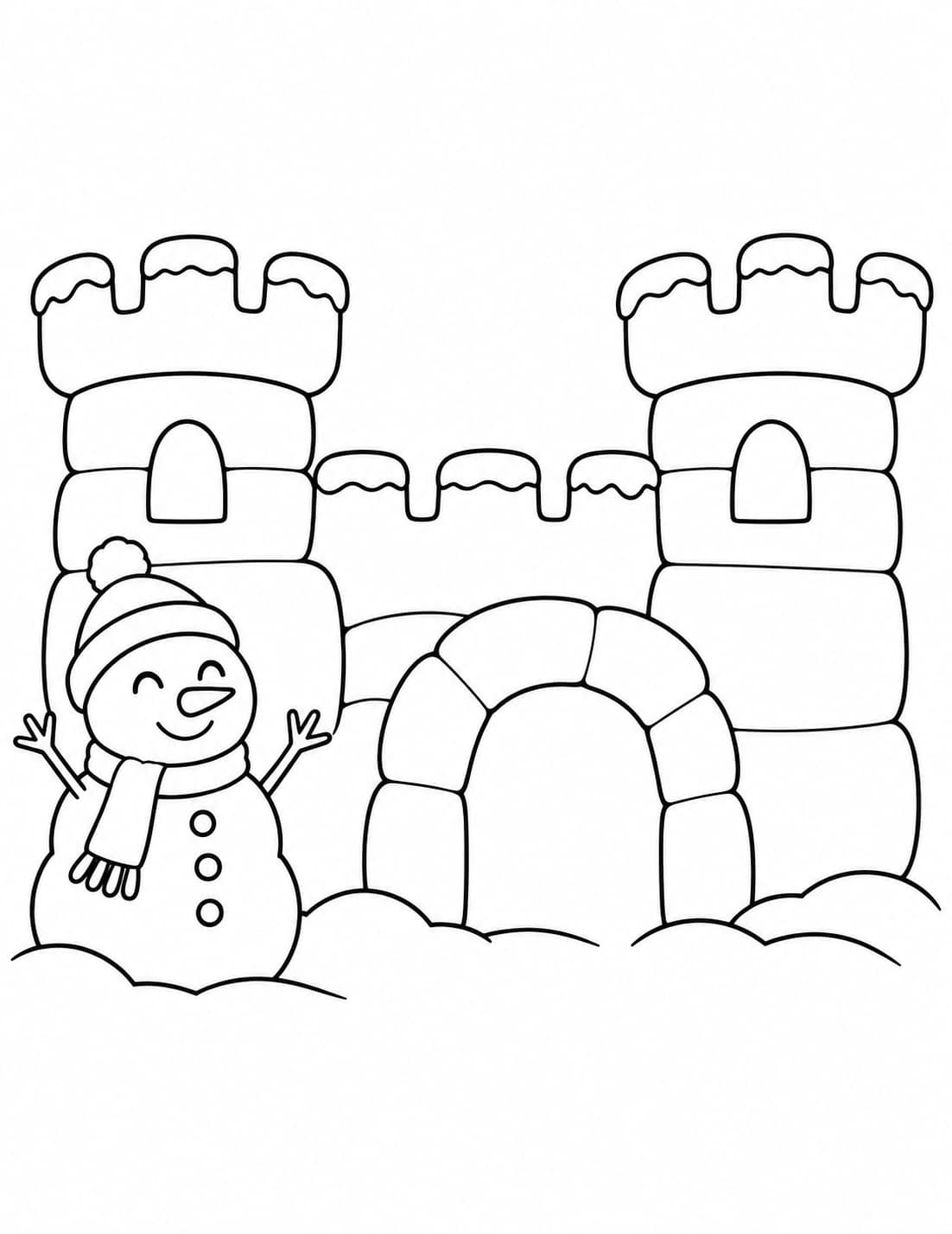 Schneeburg mit Schneemann – einfache Malvorlage für Kinder