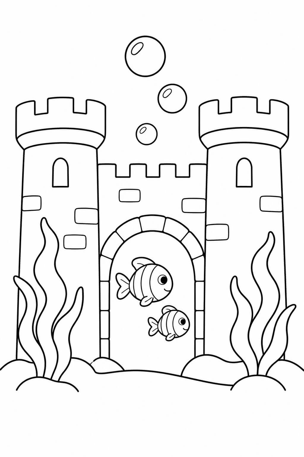Eine Burg unter Wasser – einfache Malvorlage für Kinder